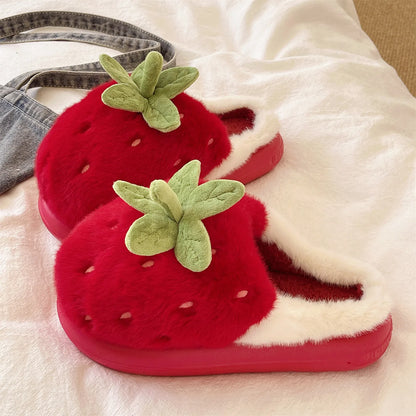 Cute Strawberry Fluffy Slippers Women's Indoor Home Warm Thick Bottom Anti-slip Outdoor Wearable Slip-On Indoor Slippers