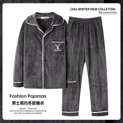 Autumn Winter Long Sleeve Thicked Warm Flannel Pajama Sets for Men Cozy Coral Velvet Sleepwear 2 Pieces Man Lounge Homewear Suit