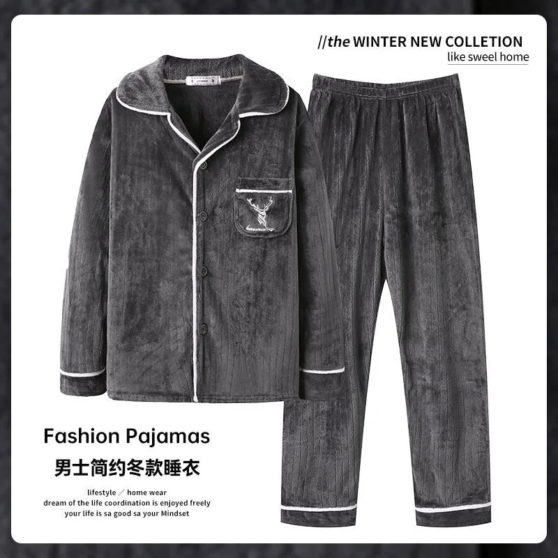 Autumn Winter Long Sleeve Thicked Warm Flannel Pajama Sets for Men Cozy Coral Velvet Sleepwear 2 Pieces Man Lounge Homewear Suit