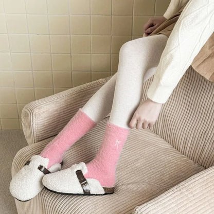 5 pairs Autumn Winter Fashionable Versatile Bow Plush Socks Cute Sweet Mid tube Socks Thick Warm Home Women's Socks