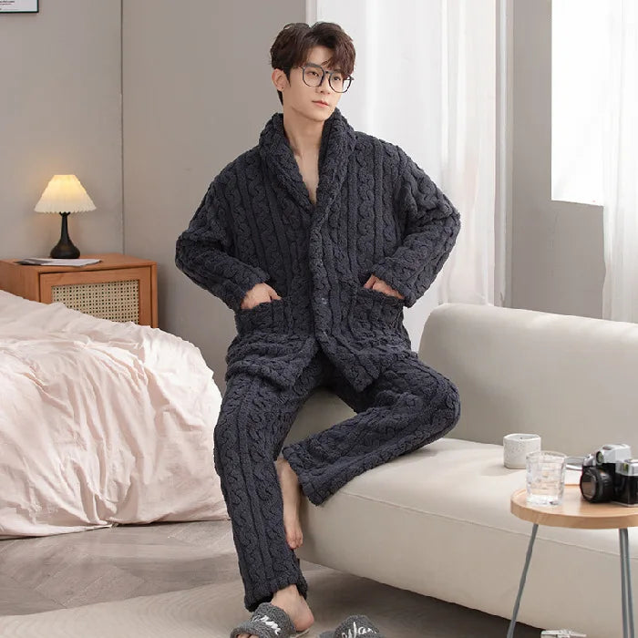 Thickened Coral Fleece Flannel Pajamas Set for Men And Women Home Clothes Comfortable Long Sleeve Sleepwear Winter Autumn