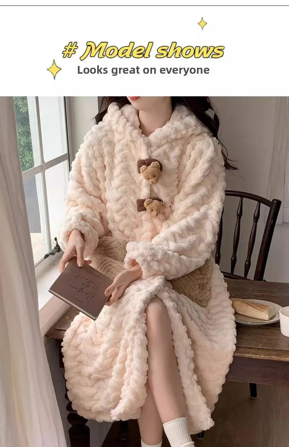 Korean Style Long Hooded Coral Fleece Sleepwear Women's Thickened Autumn Winter New Arrival Comfortable Home Leisure Robe