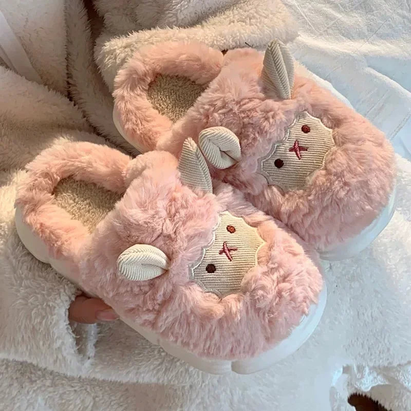 Winter Cartoon Plush Slippers Warm Fluffy Faux Fur Sheep Design Indoor Home Couple Cotton Slippers for Men And Women