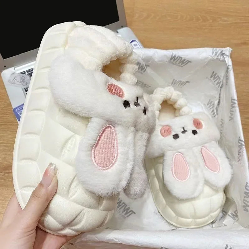 Women's Home Slippers Rabbit Fur Cotton Warm Anti-Slip Winter Outdoor Wearable Sweet Style Soft Cotton Lined House Shoes