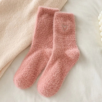 Thickened Middle Tube Socks Mink Fur Pink Embroidered Heart-shaped Women Autumn Winter Warm Sleep Home Solid Color Plush Sock