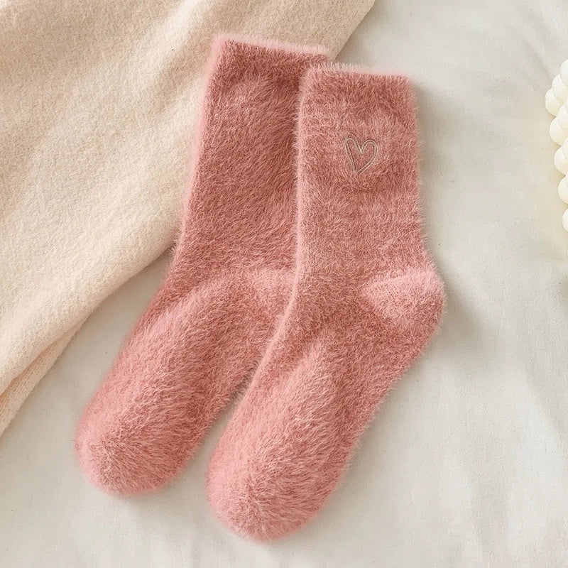 Thickened Middle Tube Socks Mink Fur Pink Embroidered Heart-shaped Women Autumn Winter Warm Sleep Home Solid Color Plush Sock