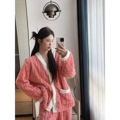 2pcs/Set Autumn and Winter Pajamas Women Thickened Padded Warm Students Coral Girls Clot Velvet Suit Homewear Cardigan Trousers