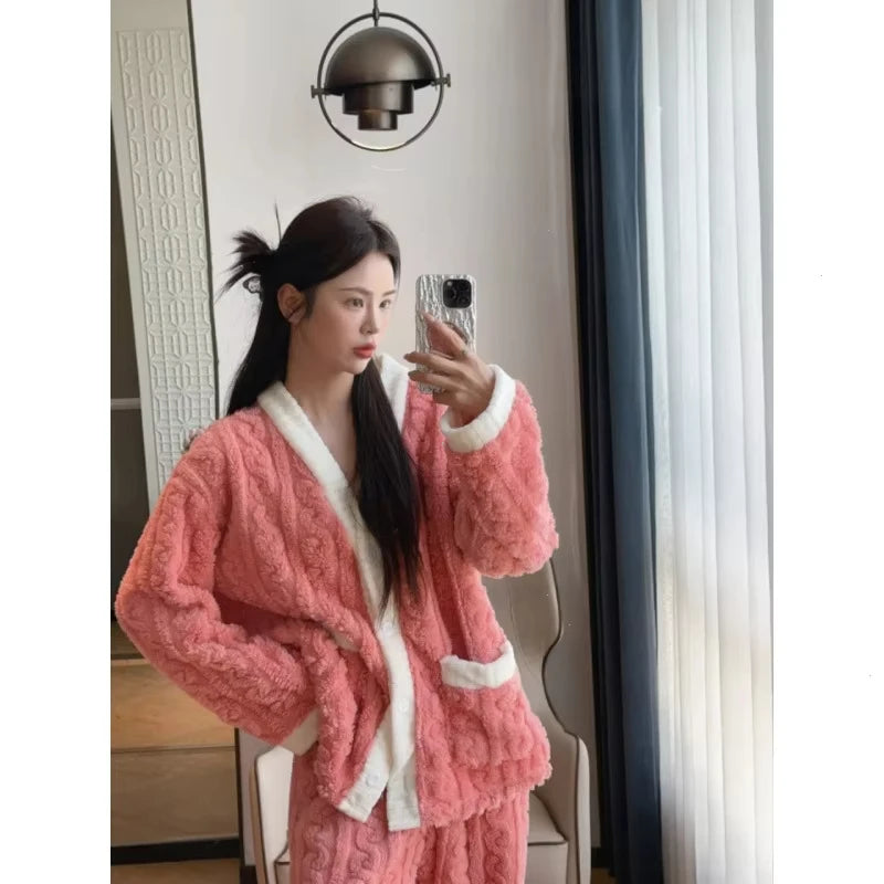 2pcs/Set Autumn and Winter Pajamas Women Thickened Padded Warm Students Coral Girls Clot Velvet Suit Homewear Cardigan Trousers