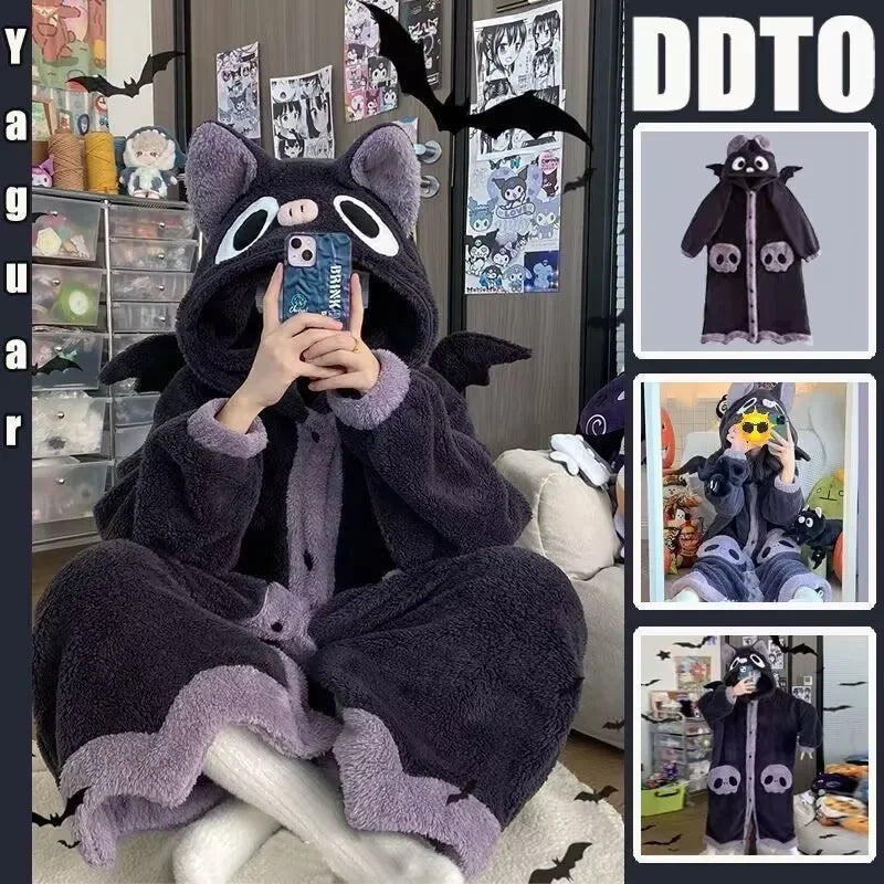 Cute Plush Bear Robe Women's Autumn Winter Coral Fleece Thickened One-Piece Sleepwear Home Clothes Robe Comfortable Homewear