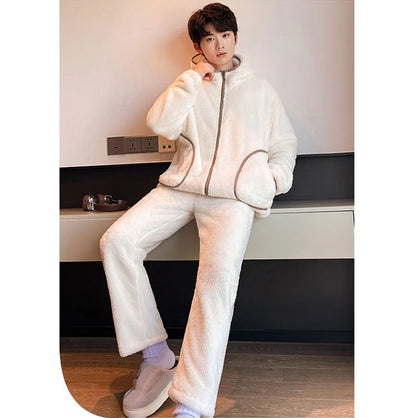 6XL 7XL 8XL Winter Men's Hooded Homewear Heavy Plus Velvet Zipper Cardigan Plus Size Pajamas Pants Keep Warm White Black Suit