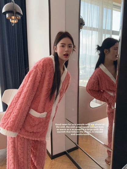 2pcs/Set Autumn and Winter Pajamas Women Thickened Padded Warm Students Coral Girls Clot Velvet Suit Homewear Cardigan Trousers