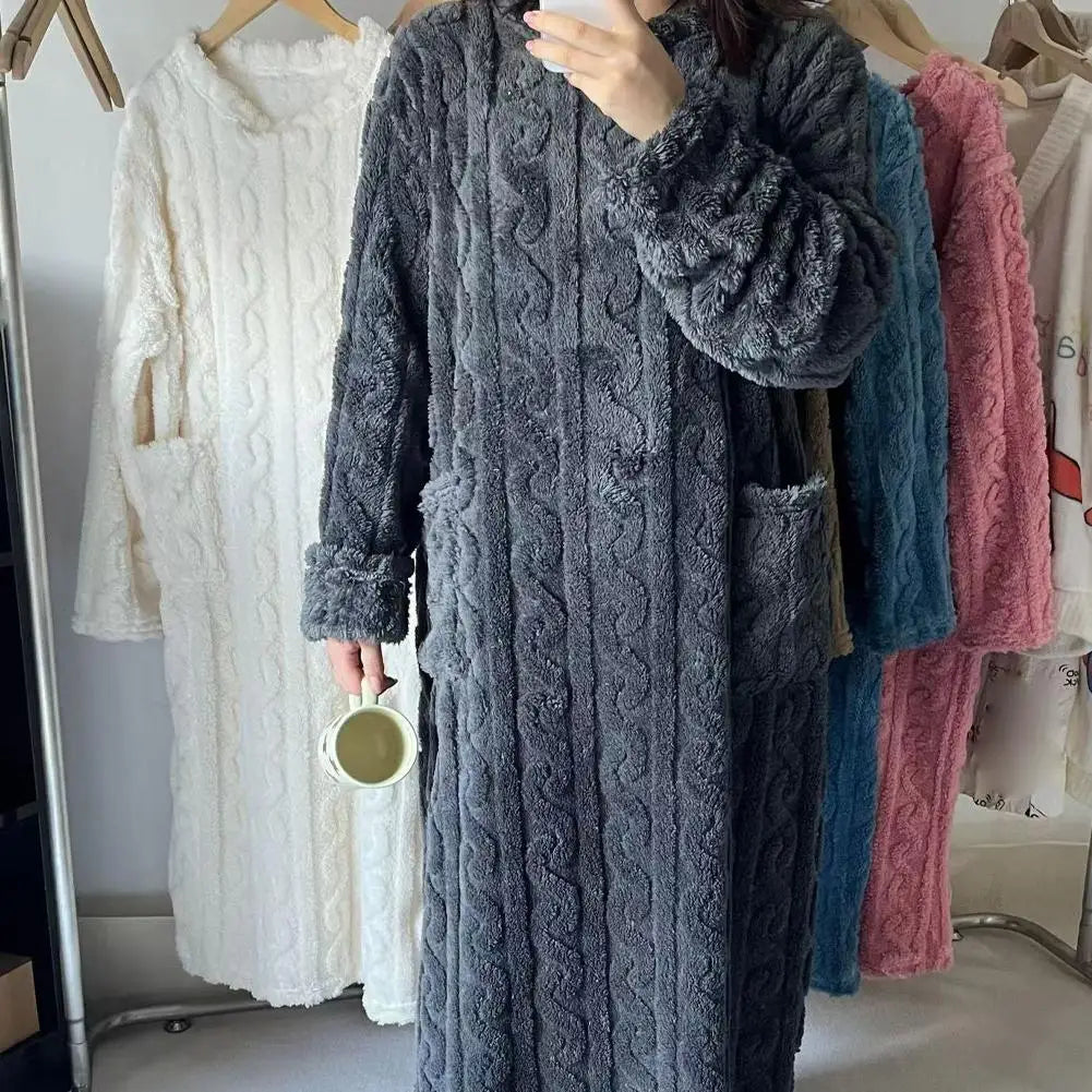 Winter Long Sleeve Flannel Nightgowns Women Loose Double Pocket Solid Sleepwear Jacquard Night Dress Thickened Warm Nightdress