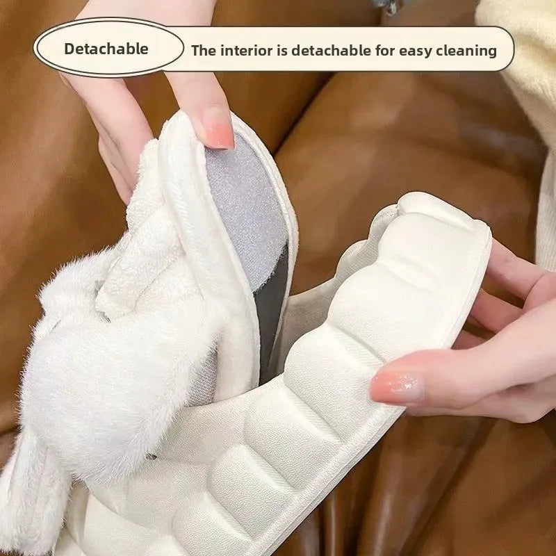 Women's Home Slippers Rabbit Fur Cotton Warm Anti-Slip Winter Outdoor Wearable Sweet Style Soft Cotton Lined House Shoes