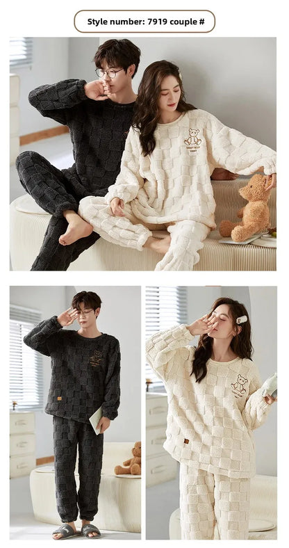 Thickened Coral Fleece Long Sleeve Sleepwear for Couples Spring Autumn Winter Flannel Warm Home Clothes Men Women Winter Home Py