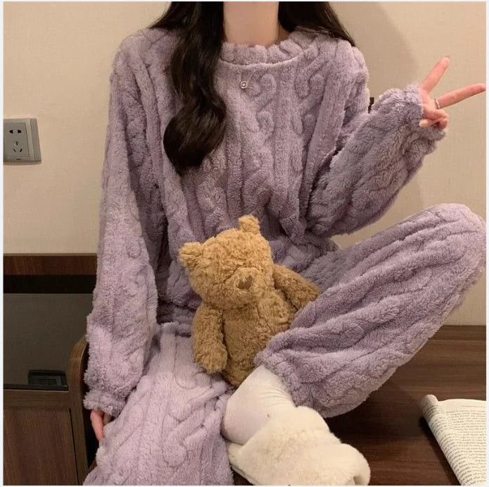 Autumn Winter Sweet Coral Fleece Pajamas Women Fleece-lined Thickened 2025 New Zip-up Flannel Warm Home Wear Set