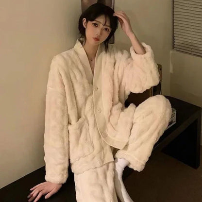 Winter Plush Fleece Thickened Flannel Sleepwear Set Women's Home Clothes Warm Cozy Breathable Long Sleeve Long Pants Home Lei...