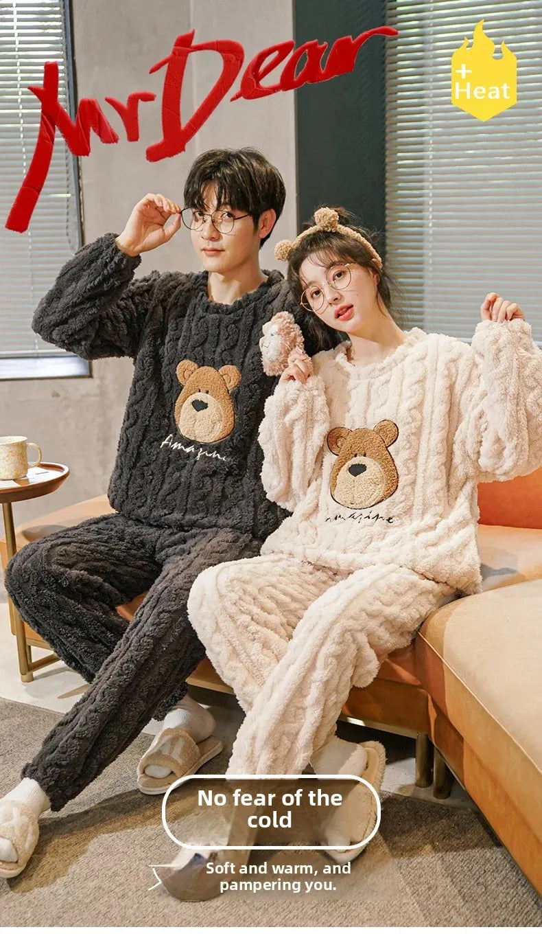 Thickened Coral Fleece Long Sleeve Sleepwear for Couples Spring Autumn Winter Flannel Warm Home Clothes Men Women Winter Home Py