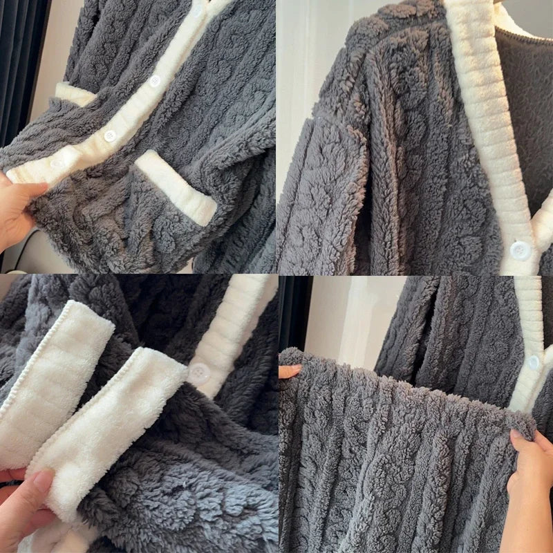 2pcs/Set Autumn and Winter Pajamas Women Thickened Padded Warm Students Coral Girls Clot Velvet Suit Homewear Cardigan Trousers