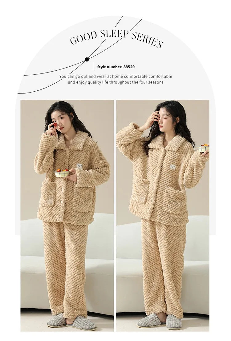 Warm Flannel Sleepwear Set for Women Long Sleeve Long Pants Casual Collar Can Be Worn outside Home Clothes Winter Collection