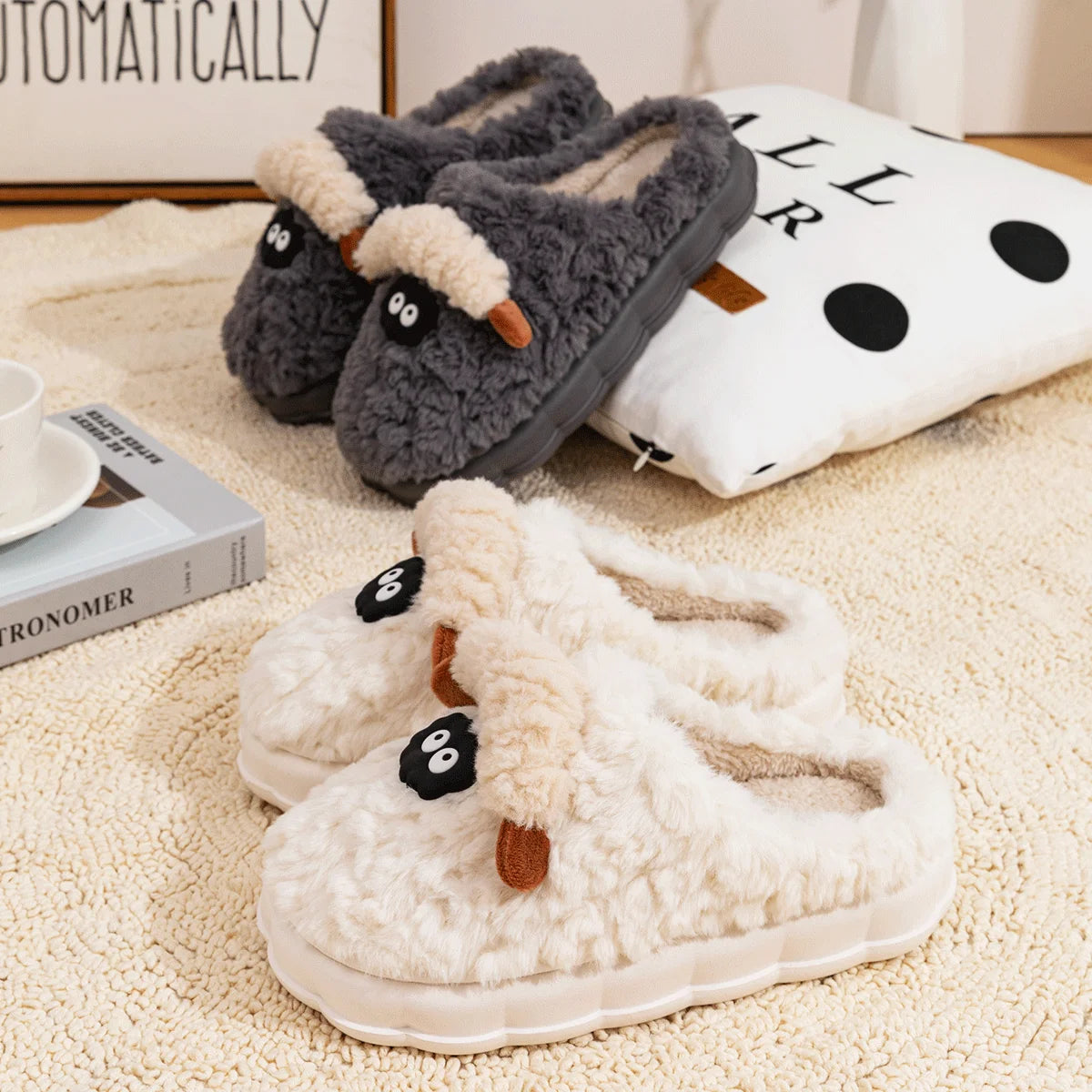 TZLDN Women's Winter Warm Cartoon Sheep Slippers Closed Toe Non Slip Furry House Shoes Women Indoor Bedroom Plush Slippers