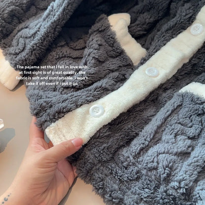 2pcs/Set Autumn and Winter Pajamas Women Thickened Padded Warm Students Coral Girls Clot Velvet Suit Homewear Cardigan Trousers