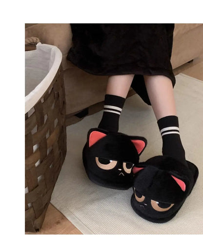 Winter black unhappy kitty slippers women men indoor home slides shoes ladies fun fuzzy kitten slipper cat lovers indoor shoes
