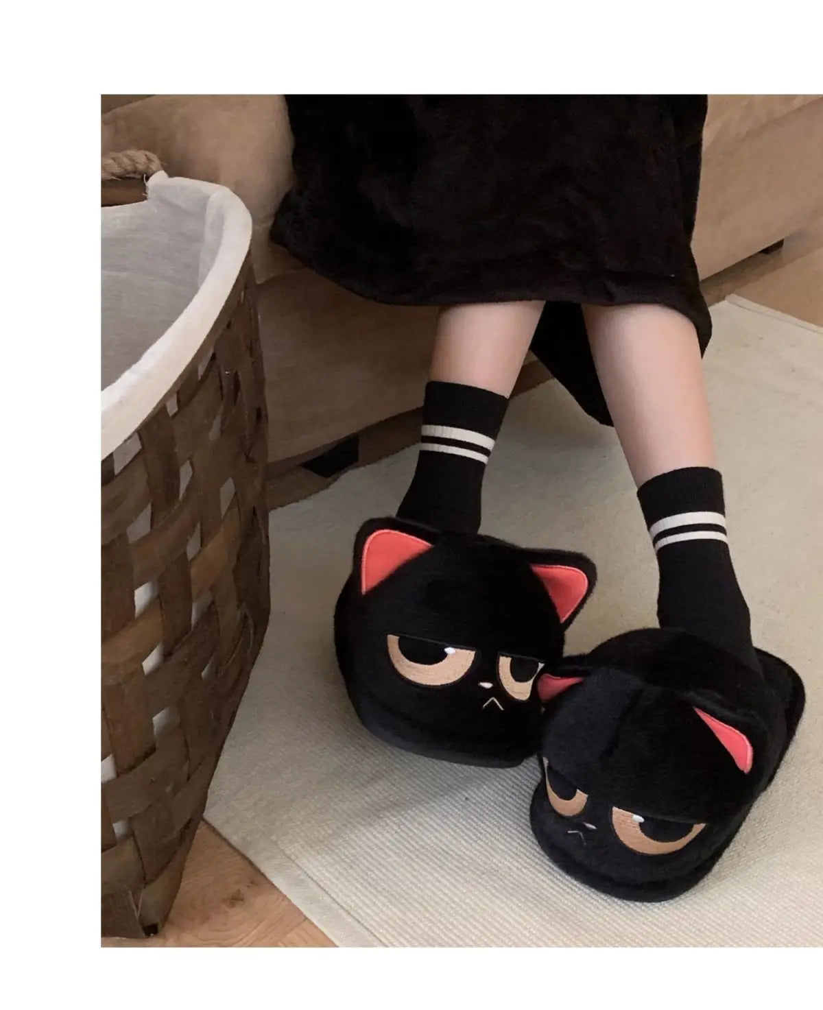 Winter black unhappy kitty slippers women men indoor home slides shoes ladies fun fuzzy kitten slipper cat lovers indoor shoes