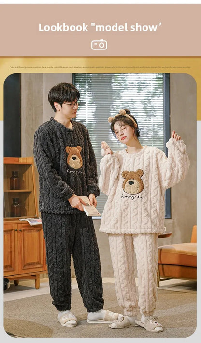 Thickened Coral Fleece Long Sleeve Sleepwear for Couples Spring Autumn Winter Flannel Warm Home Clothes Men Women Winter Home Py