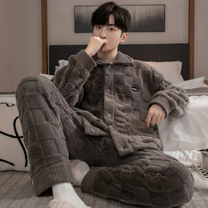 2Pcs/set men's pajamas autumn and winter padded and thickened warm long-sleeved trousers coral fleece homewear men's clothing