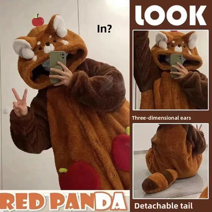 Cute Plush Bear Robe Women's Autumn Winter Coral Fleece Thickened One-Piece Sleepwear Home Clothes Robe Comfortable Homewear