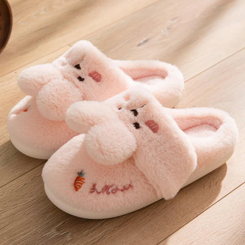 Women Winter Home Slippers Non-Slip Soft Warm House Shoes Men Ladies Indoor Bedroom Couples Cartoon Rabbit Bear Floor Slides