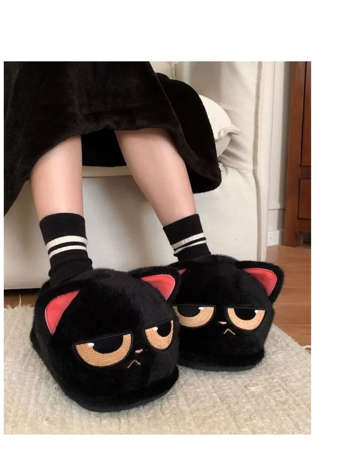 Winter black unhappy kitty slippers women men indoor home slides shoes ladies fun fuzzy kitten slipper cat lovers indoor shoes