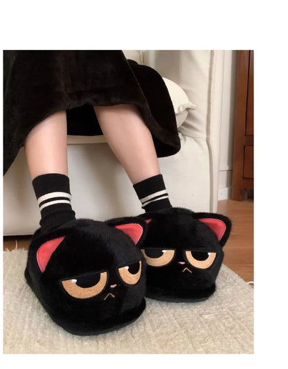 Winter black unhappy kitty slippers women men indoor home slides shoes ladies fun fuzzy kitten slipper cat lovers indoor shoes