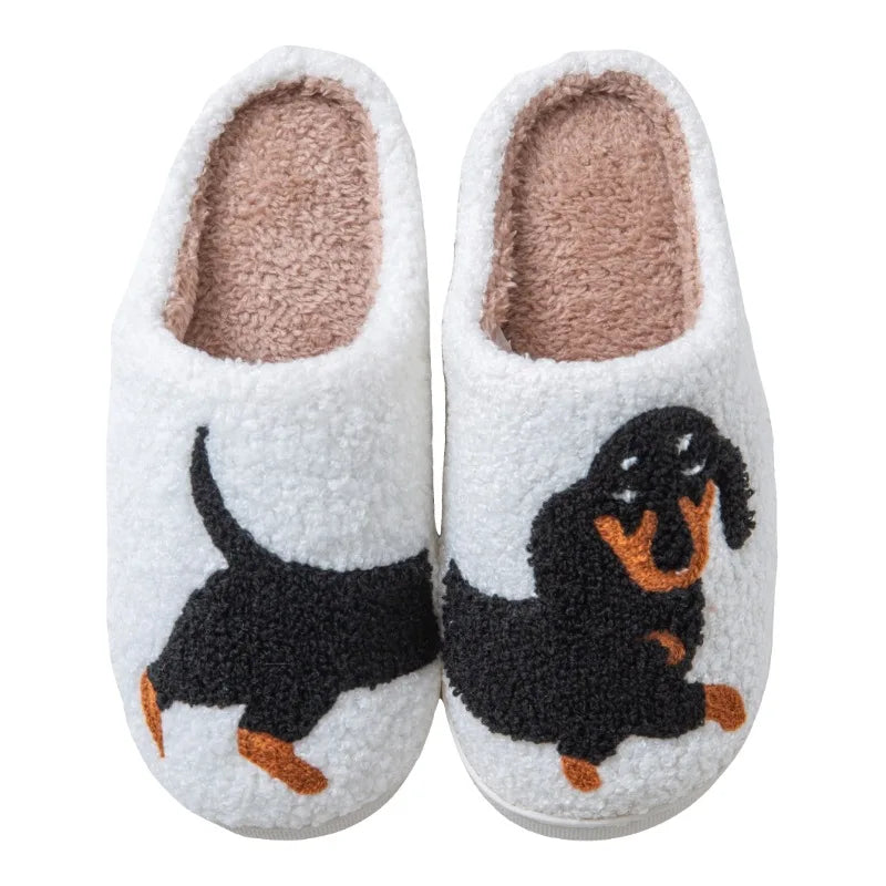 Pet Pattern Dachshund Embroidery Stuffed Home Thick Sole Plaid Furry Cotton Slippers Warm Non-slip Indoor Slippers Pet Mom Gift