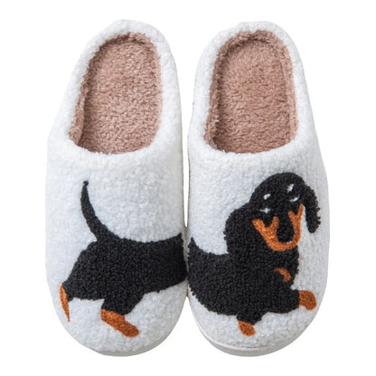 Pet Pattern Dachshund Embroidery Stuffed Home Thick Sole Plaid Furry Cotton Slippers Warm Non-slip Indoor Slippers Pet Mom Gift