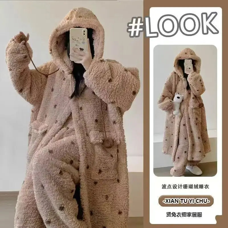 Korean Style Long Hooded Coral Fleece Sleepwear Women's Thickened Autumn Winter New Arrival Comfortable Home Leisure Robe