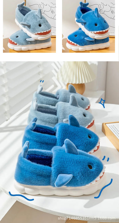 Warm Anti-Slip Plush Slippers Shark Style Women's Winter Home Wear Outdoor Fashionable Cotton Shoes Men's Comfortable Slip-On