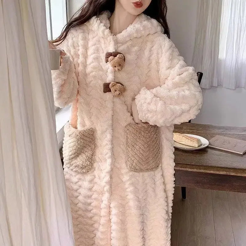 Korean Style Long Hooded Coral Fleece Sleepwear Women's Thickened Autumn Winter New Arrival Comfortable Home Leisure Robe