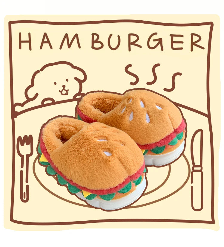 Hamburger cotton slippers for women in winter, new home bag and warm plush couple cotton shoes for women