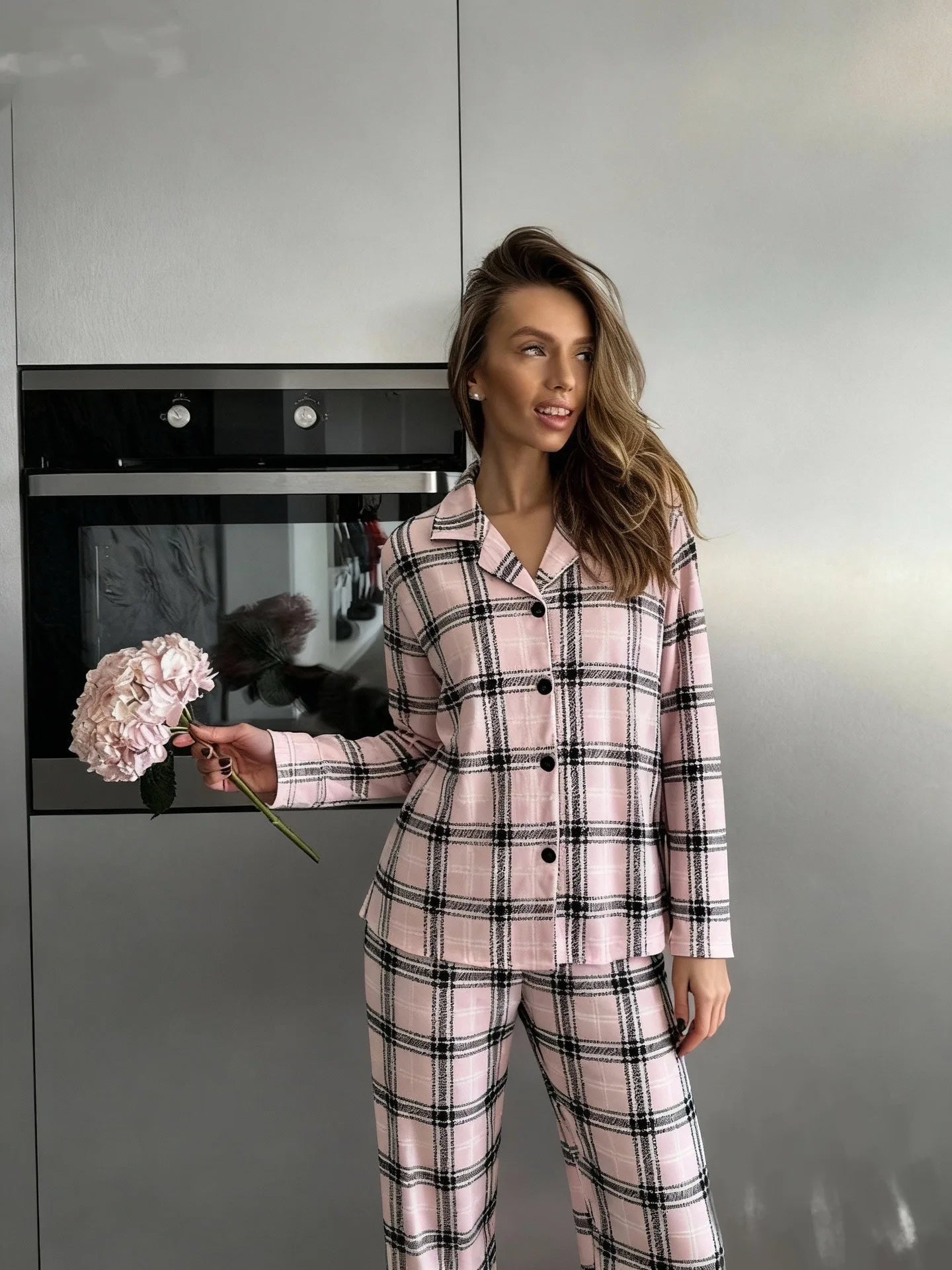 Casual Plaid Pajamas For Women Two Pieces Sleepwear Women's Pajama Trousers Loungewear Sets Nightwear Female Home Suit Clothes