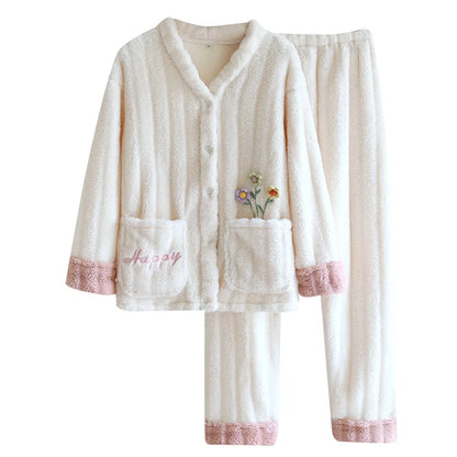 2025 Autumn/Winter New Women's Pajama Set Flannel Thickened Warm Cute Long Sleeve Pants Two Piece Coral Fleece Home Fur Women