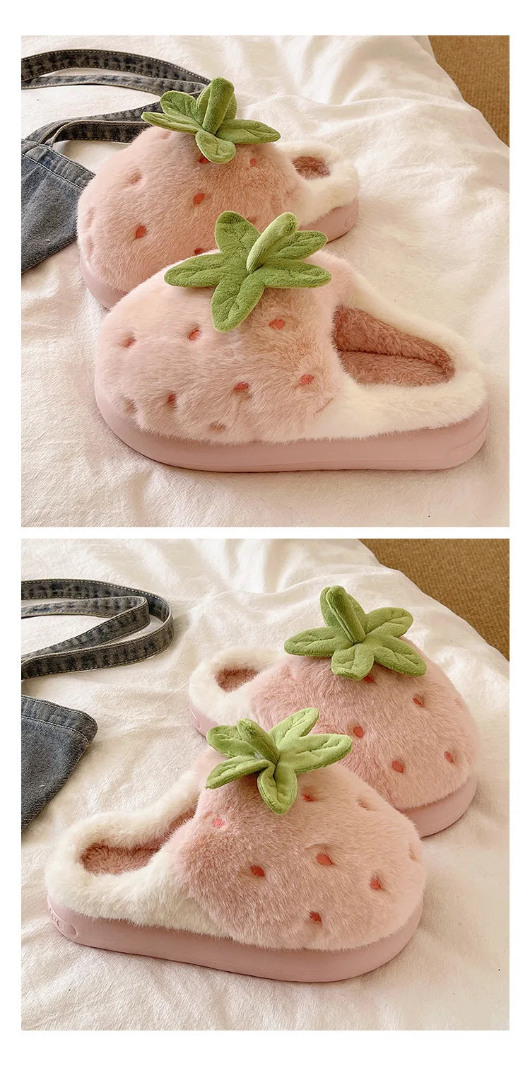 Cute Strawberry Fluffy Slippers Women's Indoor Home Warm Thick Bottom Anti-slip Outdoor Wearable Slip-On Indoor Slippers