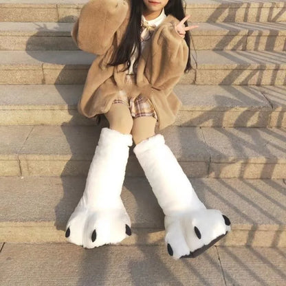 Women Winter Warm Slippers Cute Creative Bear Claw Shoes Girls Couples Indoor Furry Cotton Snow Boots Female Faux Fur Slides