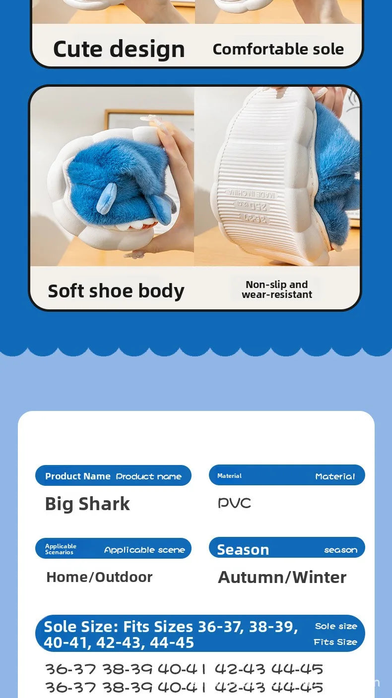 Warm Anti-Slip Plush Slippers Shark Style Women's Winter Home Wear Outdoor Fashionable Cotton Shoes Men's Comfortable Slip-On
