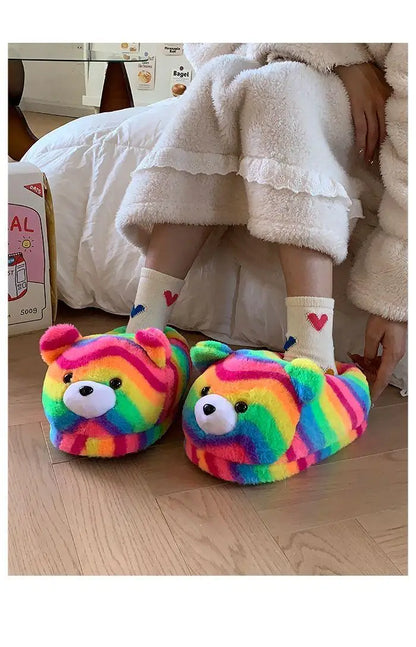 2025 Women's Home Slippers Sweet Fluffy Rainbow Bear Lady slippers indoor Anti slip lightweight keep warm Winter House Shoes 44
