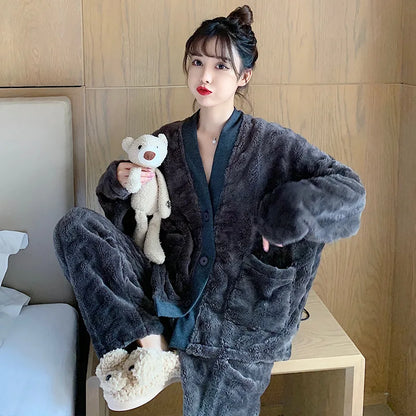 Thickened Long Flannel Pajamas Couples Sleepwear V-neck Embroidered Solid Coral Fleece Home Clothes Set for Autumn And Winter