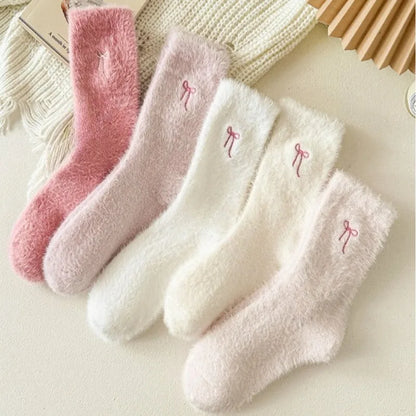 5 pairs Autumn Winter Fashionable Versatile Bow Plush Socks Cute Sweet Mid tube Socks Thick Warm Home Women's Socks