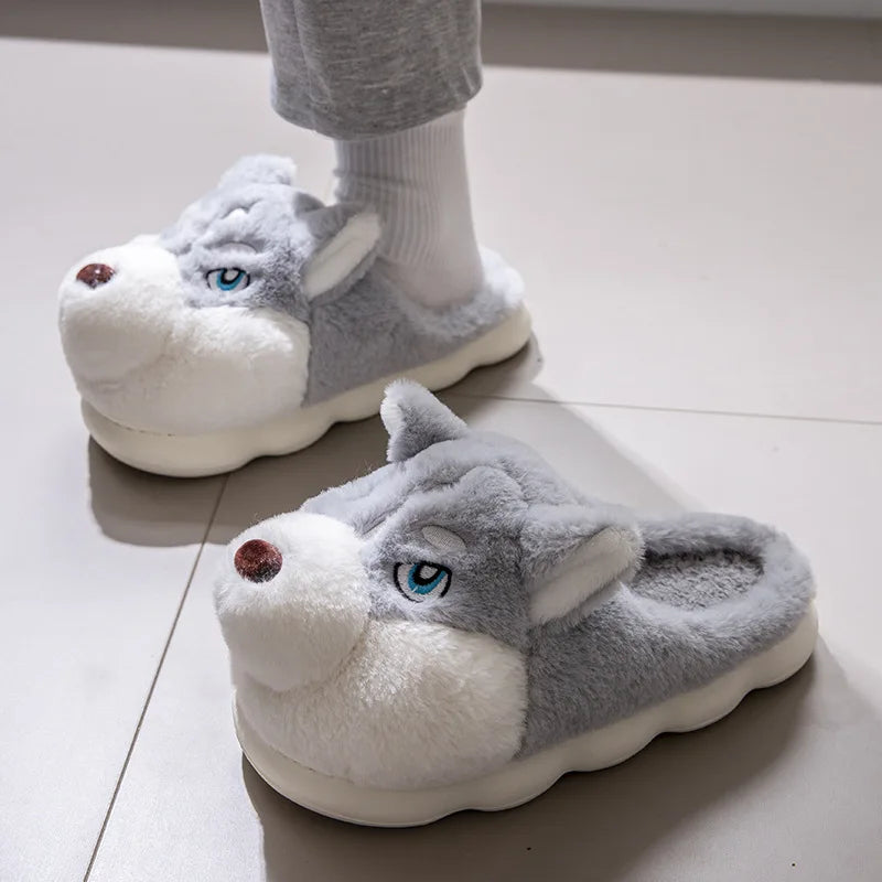 Men Home Cotton Slippers Cute Cartoon Dog Winter Warm Shoes For Couples Soft Plush Anti-slip Male Female Indoor Fluffy Slides