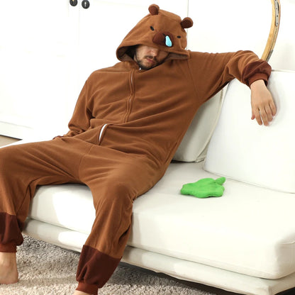 Zipper Capybara animal cosplay game costume kigurumi men one piece black pajama halloween christmas party hooded cartoon pajamas