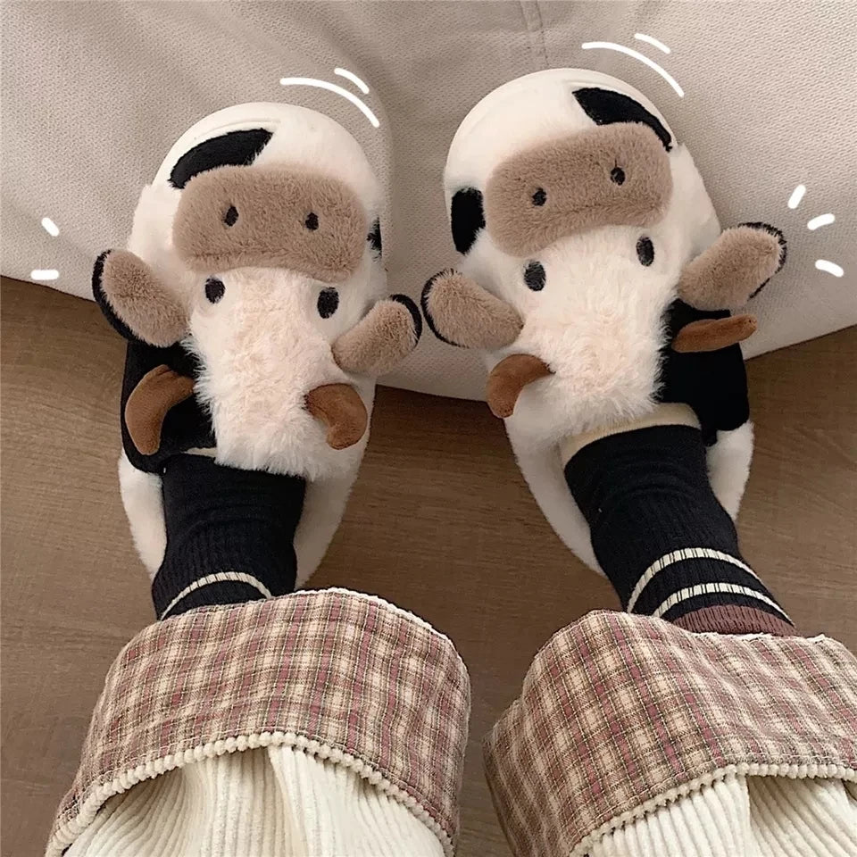 Gacimy Winter Plush Slippers For Women Cute Milk Cow Fluffy Cotton Shoes Girls Fashion Cartoon Indoor Warm Comfortable Slippers